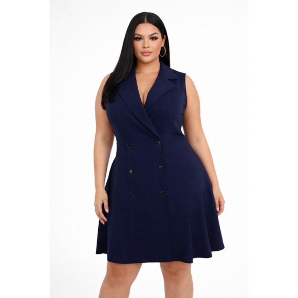 DKNY Sleeveless‎ Fit & Flare Blazer Navy Dress Size 14W NWT